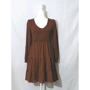 Hotwy Brown Square Neck Long Lantern Sleeve High Waist A Line Dress Size Small